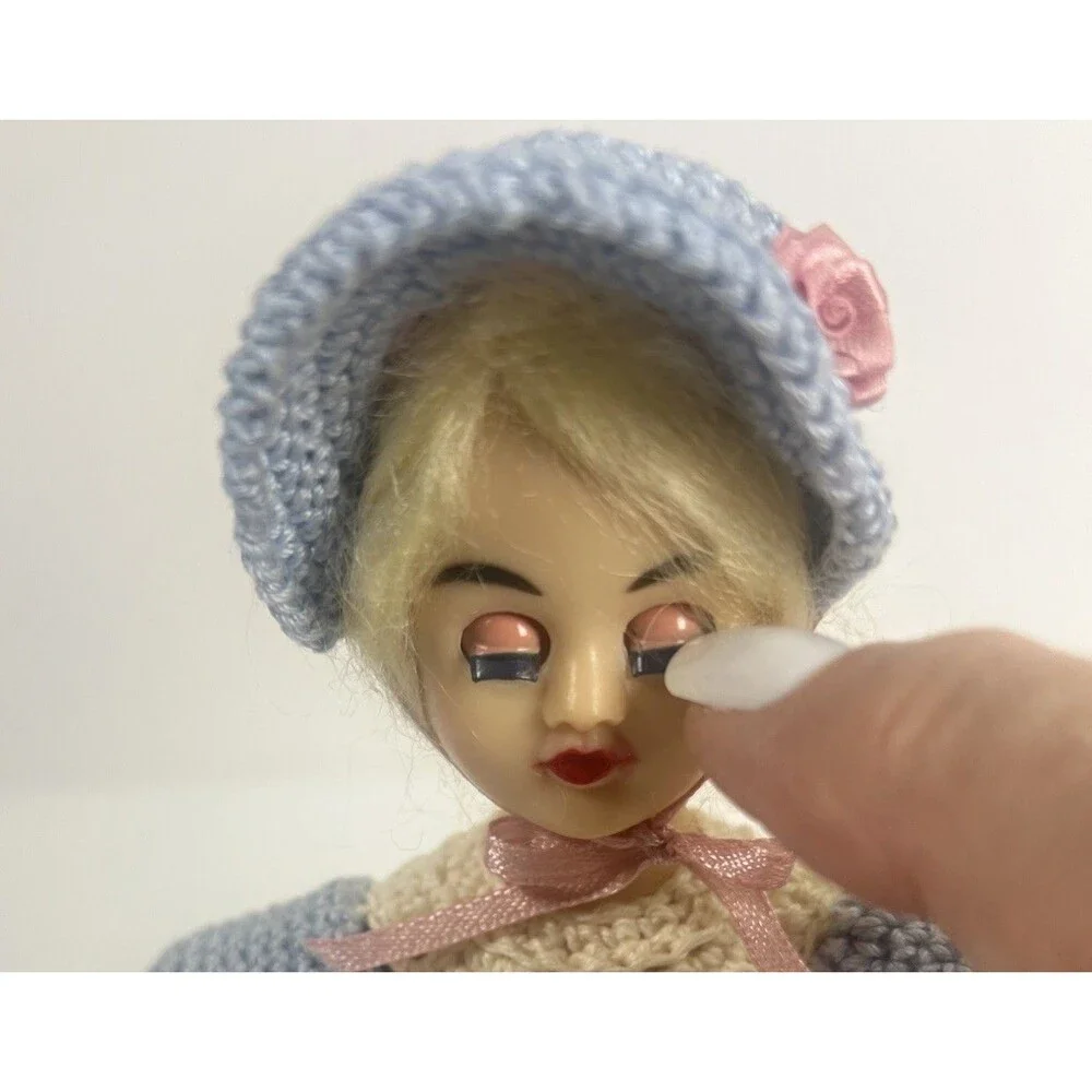 Vintage Plastic Doll Handmade Crocheted Blue DressBlonde Hair Blue Blinking Eyes